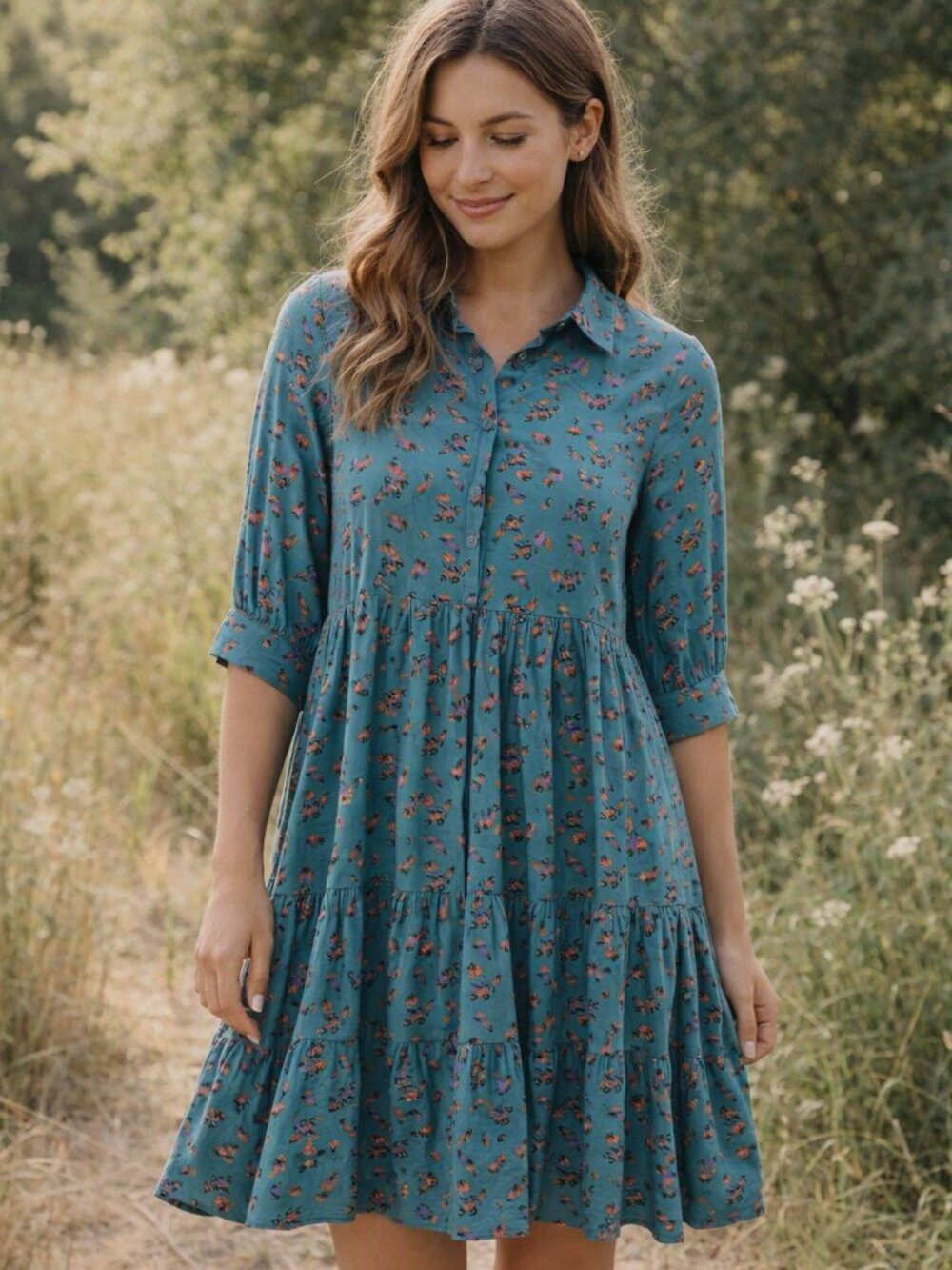Natural Life Berkley Babydoll Mini Dress in Teal Wildflower in XS/S Rayon